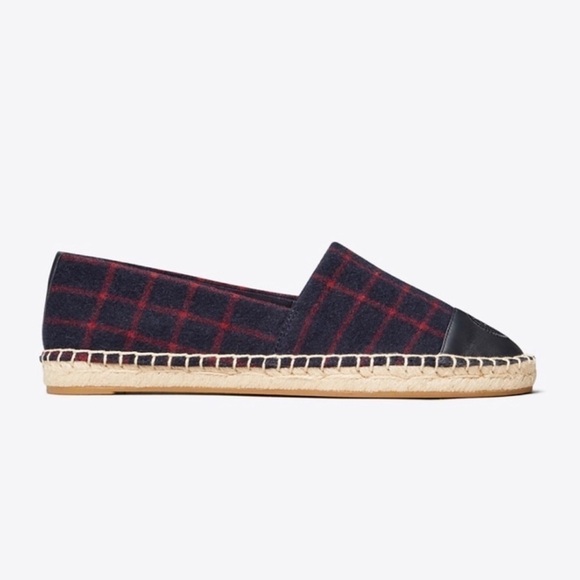 Tory Burch Shoe Espadrille Flat Plaid Check Wool Leather Holiday Blue Red 7.5 - Picture 13 of 13